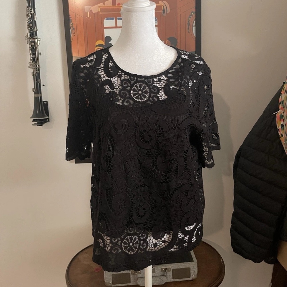 Nanette Lepore Women’s Black Lace Back Ribbon Blouse M Cottagecore Whimsigoth